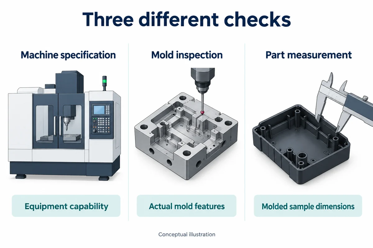 Machine specification mold inspection and part measurement